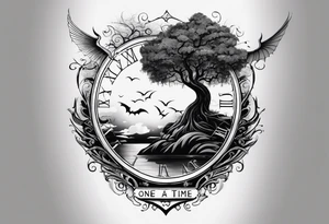 in vertical line, there is a tree with the roots like stairs, where a dragon is coming up, as well somewhere there are some wings, and the words "One day at a time" with the date 4.14.24 tattoo idea