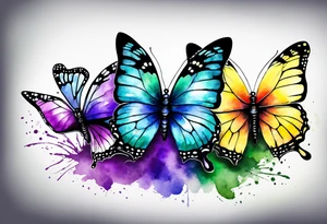 Three butterflies, two colorfull, one bw. Aquarelle tattoo. Colours blue, violet, green, yellow. tattoo idea