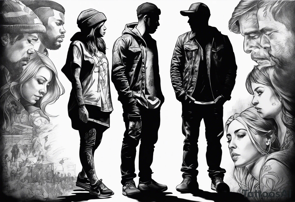 2 Black shadows of people standing over 2 wounded black shadows of people tattoo idea