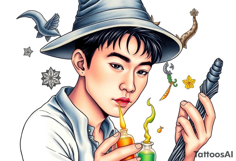 Handsome Asian young adult guy is  accidentally stumbled upon witch tools, supplies, artifacts, potions and exploring it curiously tattoo idea
