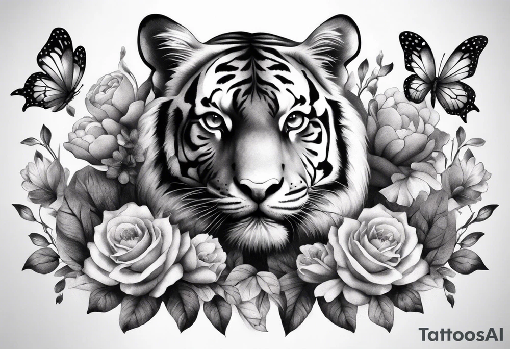 realistic full body tiger, 3 butterflies, flowers for ladies thigh / hip shaded tattoo idea