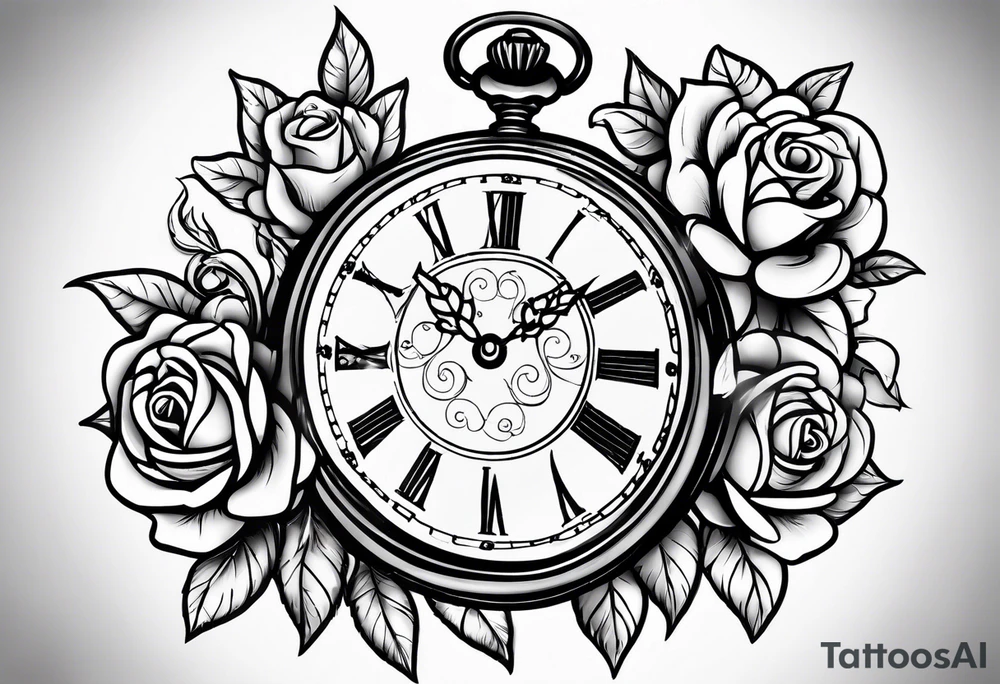 Pocket watch with chain and roses tattoo idea