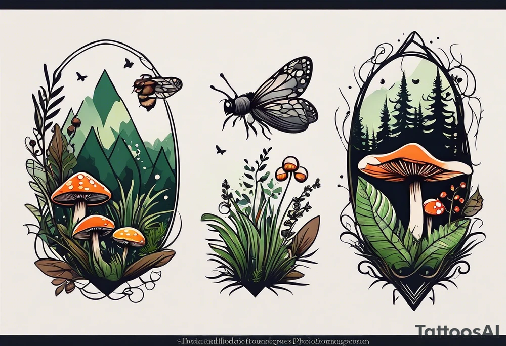 minimalistic forest floor inspired tattoo, which includes grass, moss, curly ferns and dead leaves as the bulk of the tattoo. details to include: forest berries, couple of very small brown mushrooms, a tiny bumblebee flying nearby tattoo idea