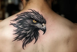 A sharp black hawk with piercing golden eyes, its feathers turning into swirling shadows, representing survival and fearlessness. tattoo idea