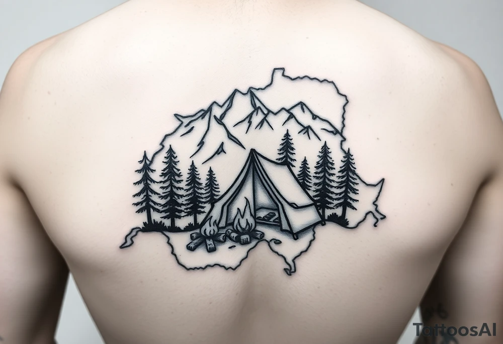 Simplistic, black and white tattoo. A little camping tent, with a fire, in the woods, surrounded by alps and a couple pine trees. The tattoo must be inside the contour of the Switzerland map tattoo idea