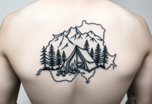 Simplistic, black and white tattoo. A little camping tent, with a fire, in the woods, surrounded by alps and a couple pine trees. The tattoo must be inside the contour of the Switzerland map tattoo idea
