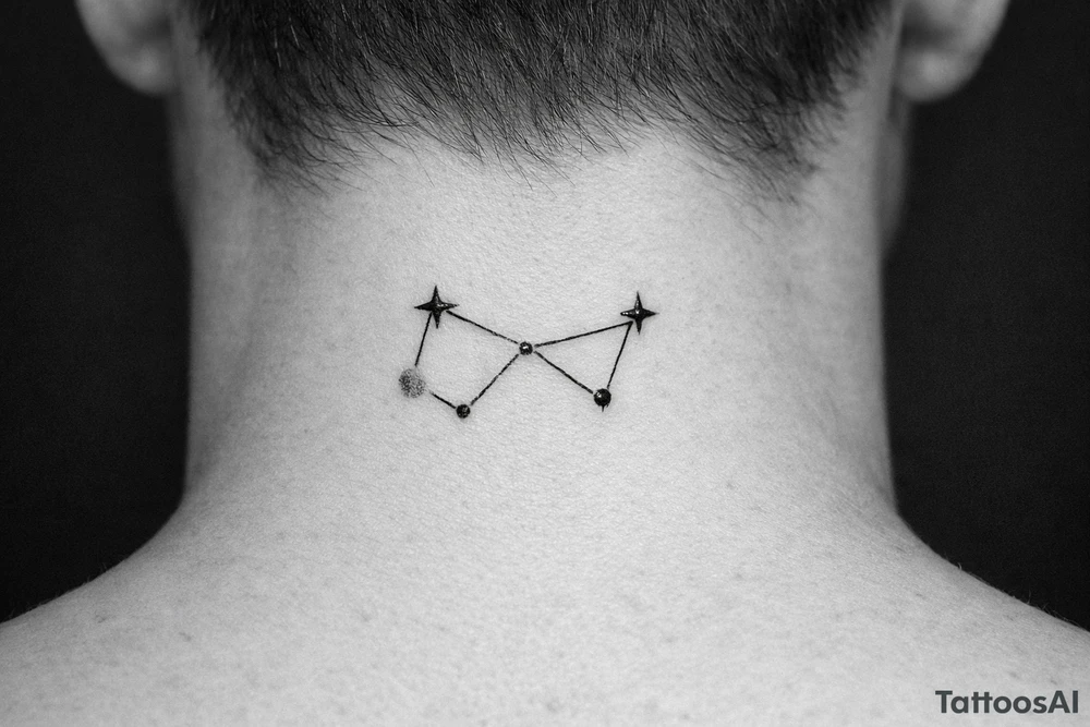 Close-up realism of a constellation with one fading star. tattoo idea