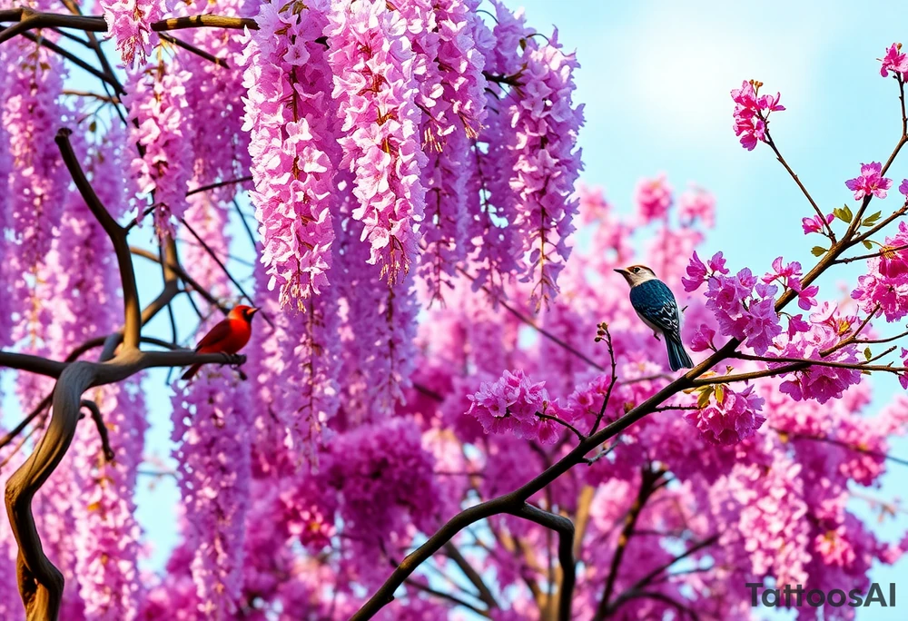 The American wisteria tree drapes its cascading clusters of lavender-hued blossoms over twisted, woody vines, filling the air with a subtle, sweet fragrance as its delicate petals catch the golden sunlight. Nearby, an Eastern redbud stands in striking contrast, its branches bursting with vibrant pink blossoms that appear like tiny, glowing jewels against the deep blue sky, creating a breathtaking springtime spectacle. Perched among these floral canopies, a brilliant red cardinal sings its clear, whistling notes, its fiery plumage standing out boldly against the pastel backdrop, while an indigo bunting flits gracefully from branch to branch, its shimmering blue feathers reflecting the light like a tiny piece of the sky brought to life. A downy woodpecker, with its black-and-white spotted wings and a splash of red on its crown, rhythmically taps against the wisteria’s gnarled branches, adding a soft, percussive beat to the symphony of birdsong that fills the serene, blossoming landscape. tattoo idea