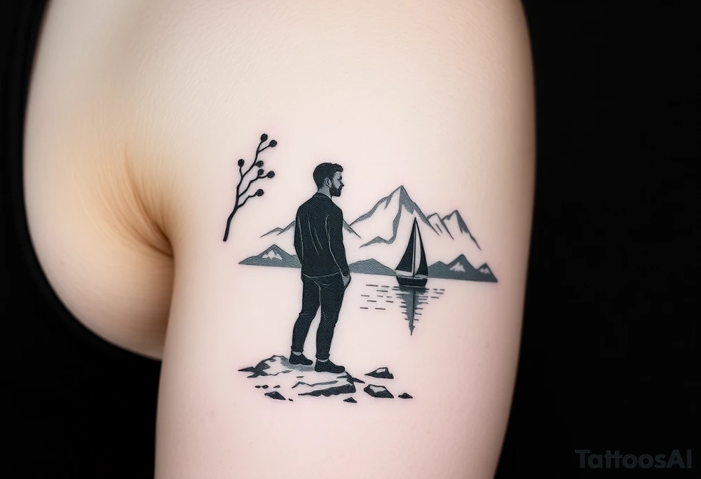 I want a minimalist design that will go on my right bicep, of a man's silhouette of a man on a shoreline, with a tree to his left, looking out at mountains in the distance, and a sailboat in the foreground.  but I want this around the arm, elbow and bicep area.  more of a wrap around on the arm please.   bottom left is okay, but less focus on the man's silhouette.  on the arm, not on the shoulder.  I said not on the shoulder! tattoo idea