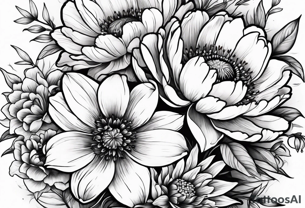 Peony, tulip, sunflower, cherry blossom and Lily bouquet tattoo idea