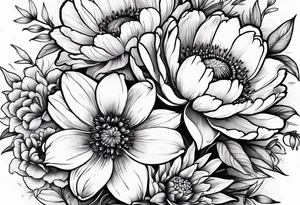 Peony, tulip, sunflower, cherry blossom and Lily bouquet tattoo idea