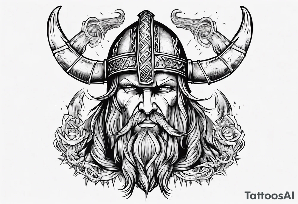 viking head with the phrase "In the Halls of Valhalla, the brave will live forever." tattoo idea