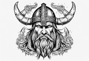 viking head with the phrase "In the Halls of Valhalla, the brave will live forever." tattoo idea