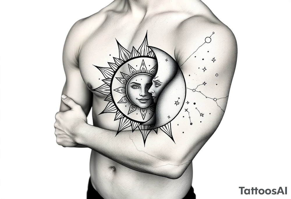 celestial sun and moon embrace with constellation patterns tattoo idea