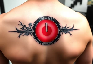 "Hyperrealistic tattoo of a PC power button (1:1 size).  
text: 'Press to reboot universe'.  
Style: Fake 3D, like actual button on skin. Black/red." tattoo idea