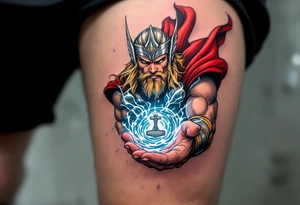 Thor’s red cape flowing in the wind, with Mjölnir spinning above his open palm, creating a vortex of energy, in cinematic full color with glowing white streaks. tattoo idea