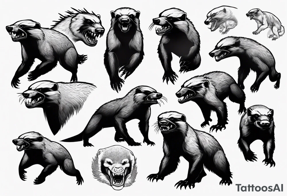 Angry, snarling, detailed honey badger facing in front tattoo idea