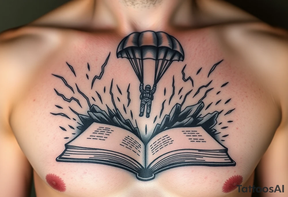 A parachuting soldier landing into an open book. Chaos surrounding, but the book is protecting the soldier from it. On the chest. Make the tattoo smaller. Make it thought provoking. Make the chaos in the environment be a thunderstorm. Make the pages in the book be blank and the book be decorated tattoo idea
