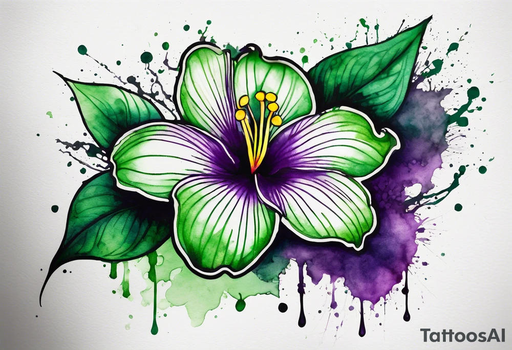 A mystical outline of a green and purple rio dipladenia flower and a green and purple watercolor splash in the background tattoo idea