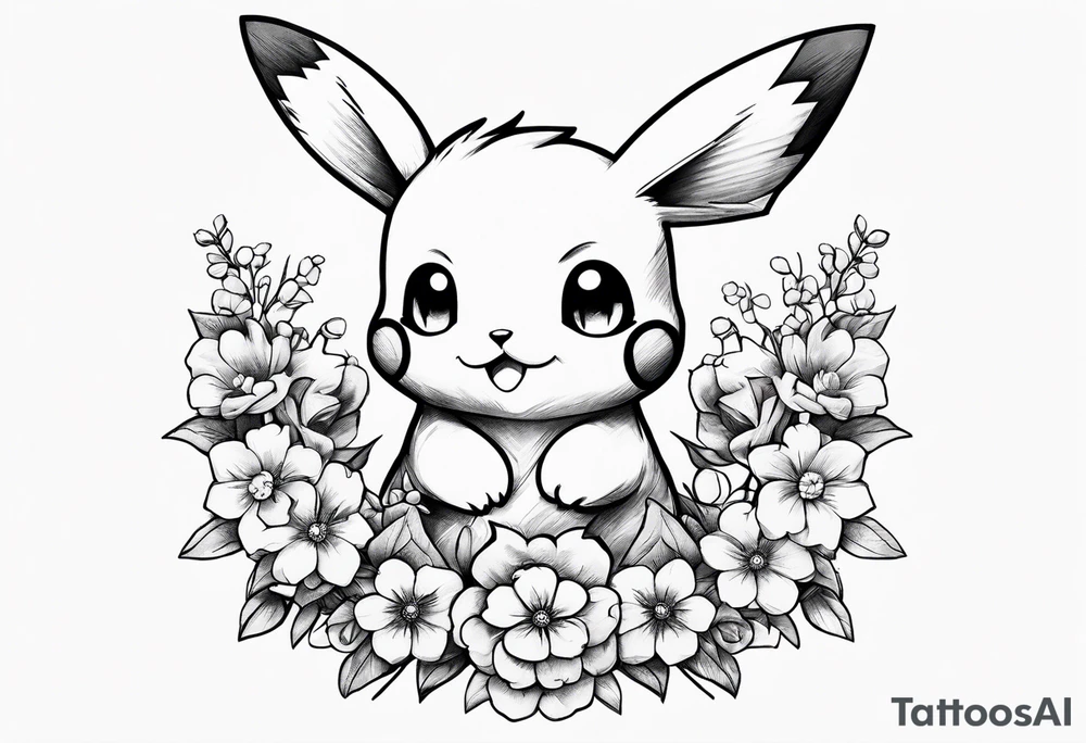 A loose bouquet of forget me knots and cute pikachu at the bottom Holding the bouquet tattoo idea