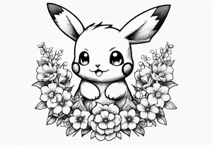 A loose bouquet of forget me knots and cute pikachu at the bottom Holding the bouquet tattoo idea