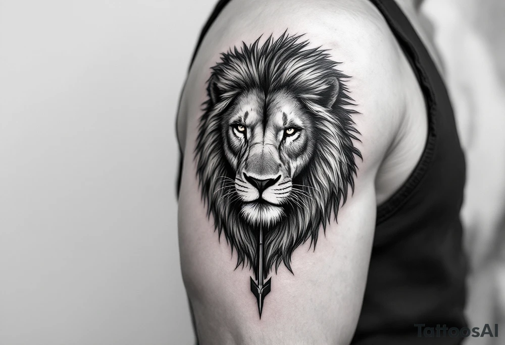 a spiritual lion that come down an arrow and surrounded by a olive tree leaf tattoo idea