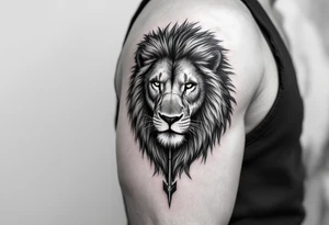 a spiritual lion that come down an arrow and surrounded by a olive tree leaf tattoo idea