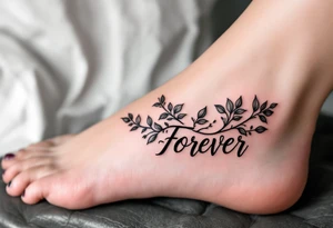 "Forever" hidden in a vine of black and gray leaves wrapping around the ankle. tattoo idea