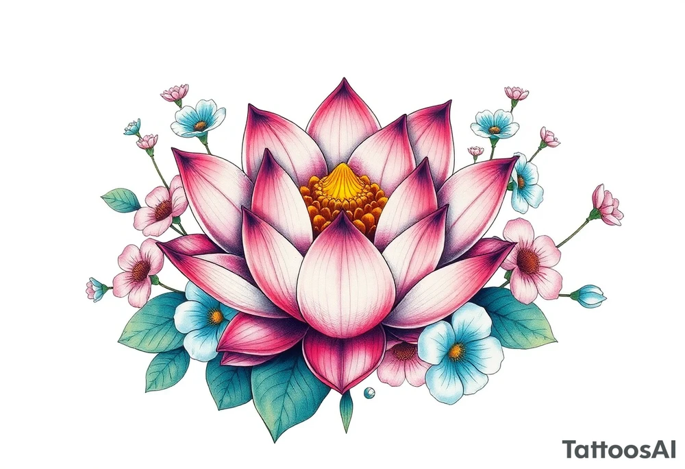Lotus flower surrounded by forget me nots and peonies tattoo idea