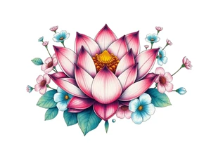 Lotus flower surrounded by forget me nots and peonies tattoo idea