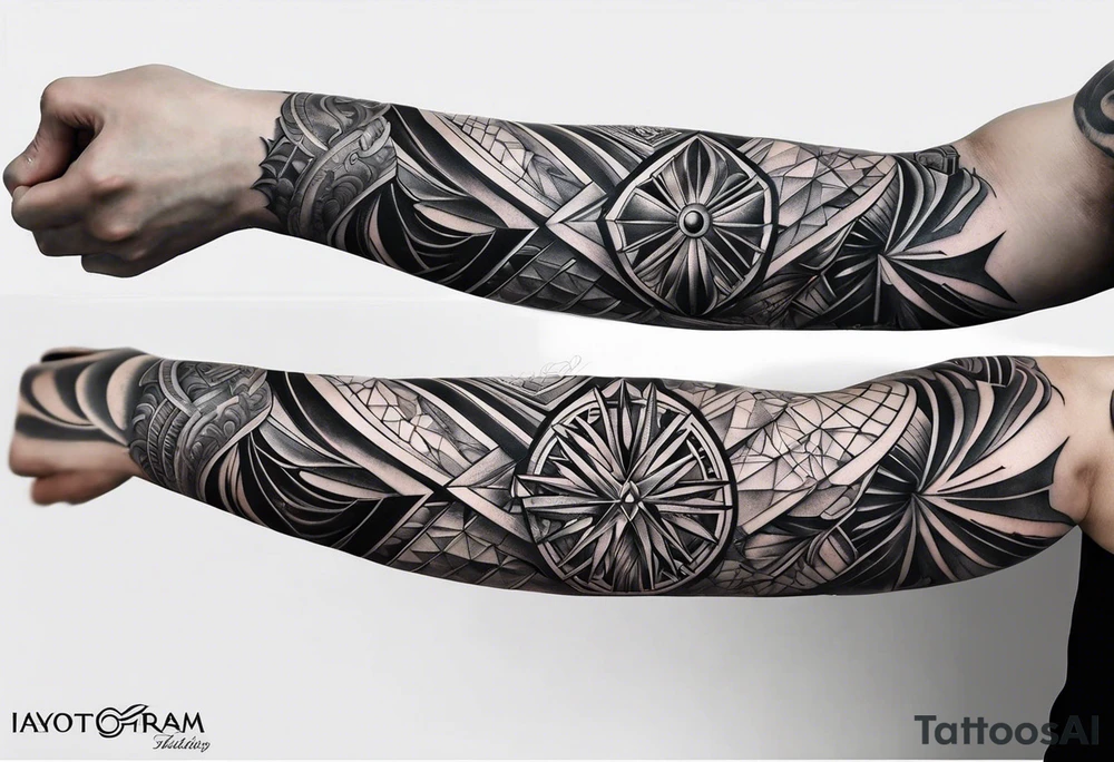 From left shoulder to forearm sleeve tattoo. Fine line geometric, concept design tattoo tattoo idea