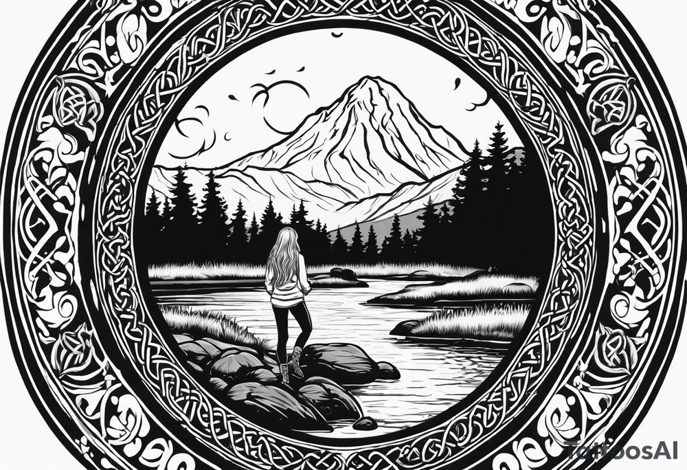 Whole picture encircled fully

Straight long blonde hair hippie girl in distance holding mushrooms in hand facing away toward mountains and creek surrounded by mushrooms long sleeve shirt and hiking pants; whole rendering within a full celtic circle border, no cut off circle tattoo idea