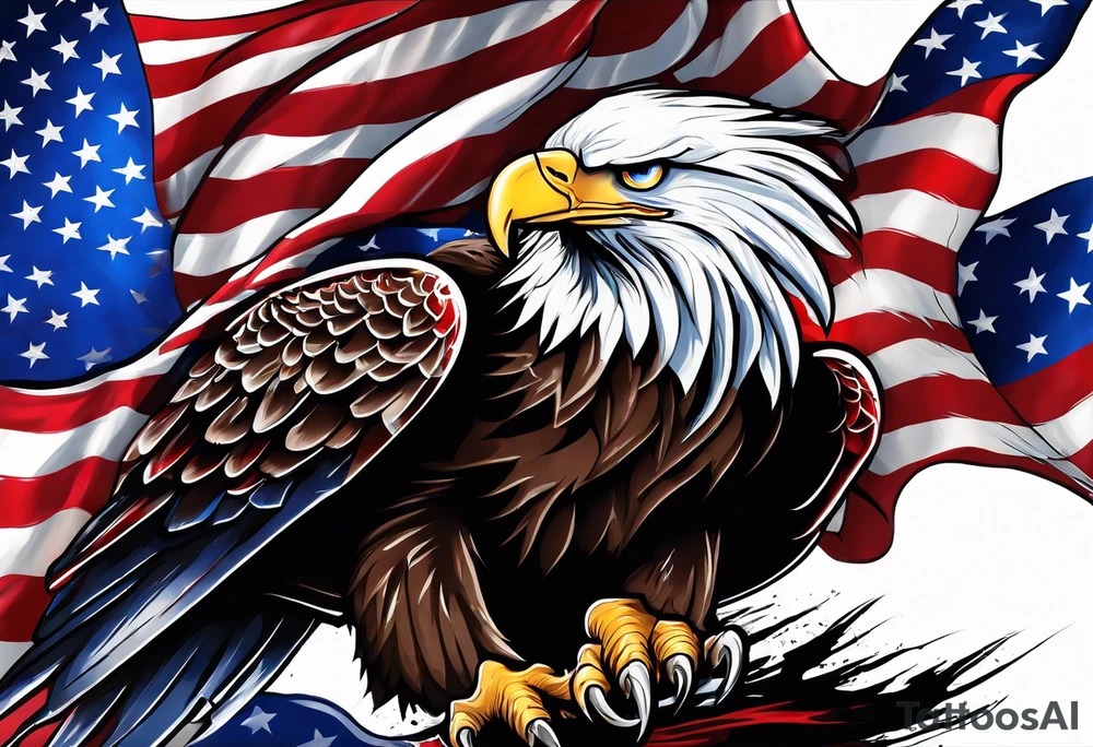 Eagle grabbing america flag with red white and blue blood on talons. tattoo idea