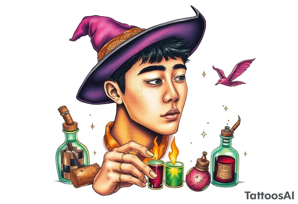 Handsome Asian young adult guy is  accidentally stumbled upon witch tools, supplies, artifacts, potions and exploring it curiously tattoo idea