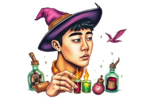 Handsome Asian young adult guy is  accidentally stumbled upon witch tools, supplies, artifacts, potions and exploring it curiously tattoo idea