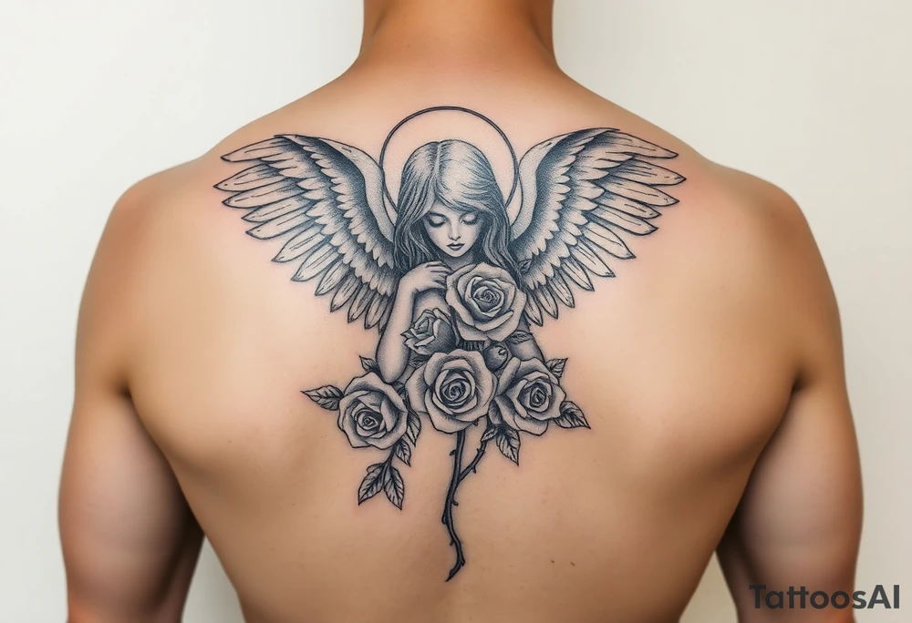 Sexy fallen angel with roses tattoo idea