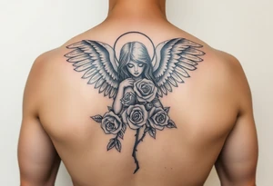 Sexy fallen angel with roses tattoo idea