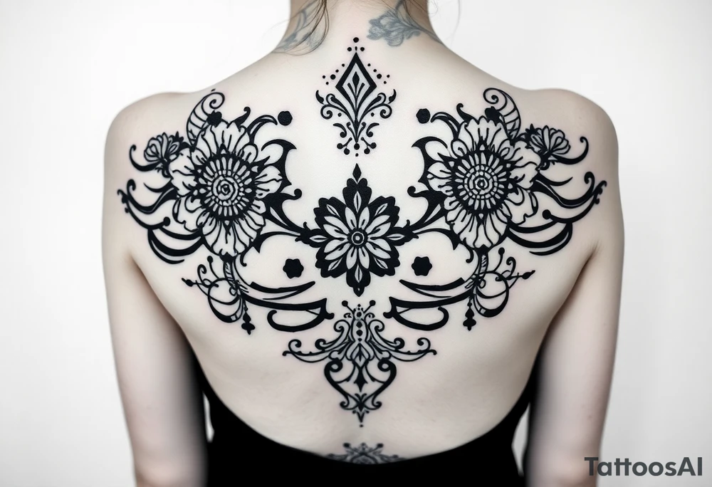 spine tattoo design with symmetrical ornamental patterns, combining dotwork, mandala elements, and flowing lines that follow the natural curves of the body with tribal-inspired lower back tattoo with sweeping symmetrical curves, bold linework, and soft floral accents, creating a feminine yet powerful aesthetic. The design is intricate and balanced. tattoo idea