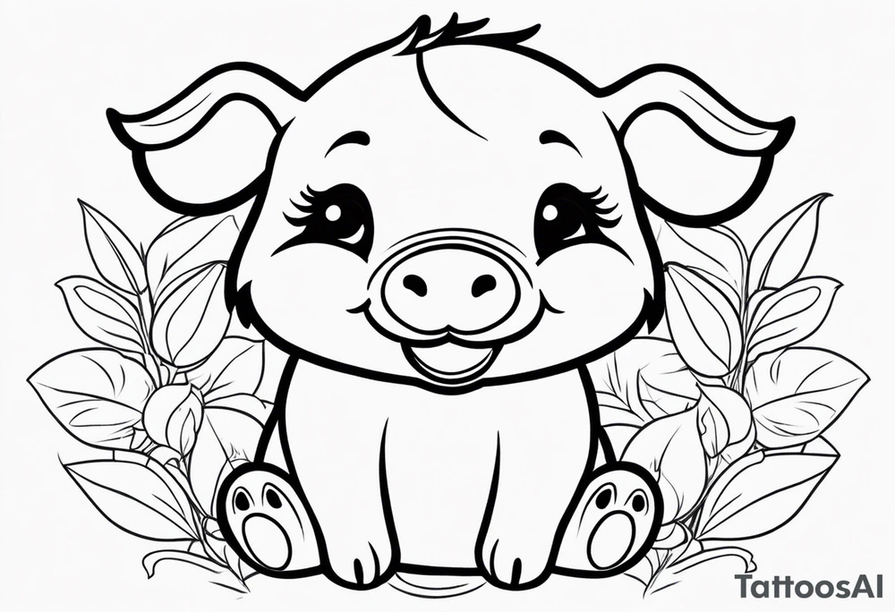 very cute chubby happy piglet.
outline only.
black and white only.
only show the piglet. no extra lines or decoration.
no black shading.
dont make the ears too big.
draw very thin lines tattoo idea