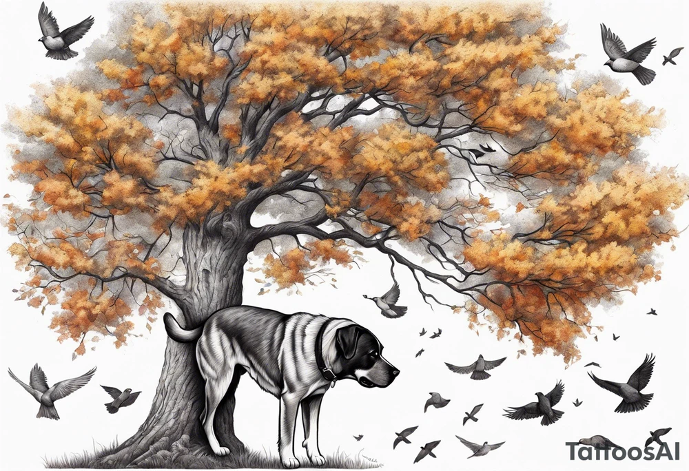 Autumn tree with a medium size grey brindle dog sitting to the right facing it looking up and birds flying from the top right of the tree tattoo idea