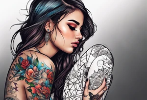 girl making a wish with tears in her eyes. broken pictures and coupled paper next to her tattoo idea
