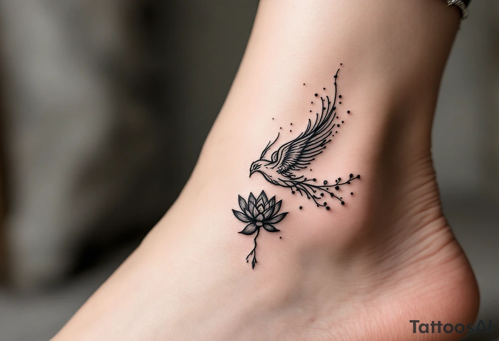 Fine thin lines very small minimalist tattoo combo of phenix and lotus tattoo idea