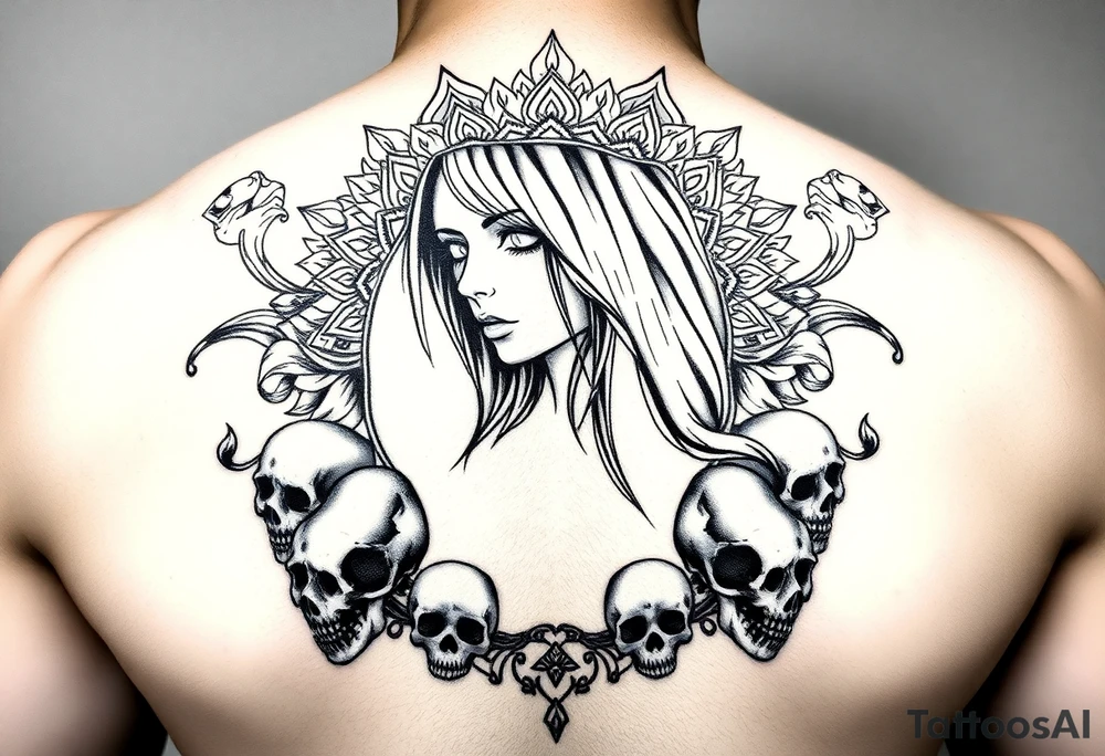 Gangsta sadgirl surrounded by mandala smoke and skulls tattoo idea