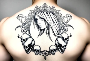 Gangsta sadgirl surrounded by mandala smoke and skulls tattoo idea