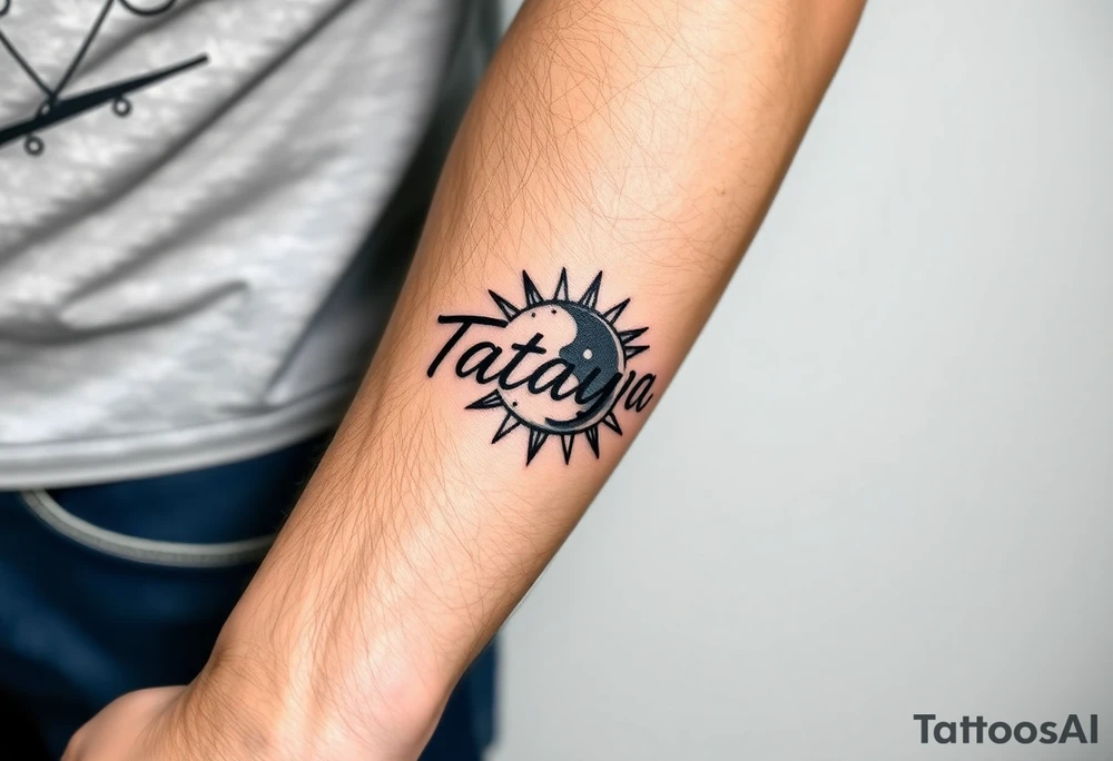 Forearm tattoo for a man using the name “Tatayana” Starting from the wrist, stretching to the elbow with the sun and moon tattoo idea