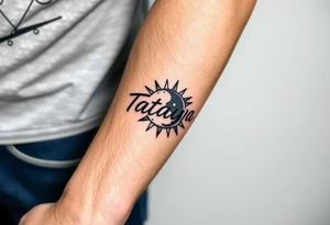 Forearm tattoo for a man using the name “Tatayana” Starting from the wrist, stretching to the elbow with the sun and moon tattoo idea