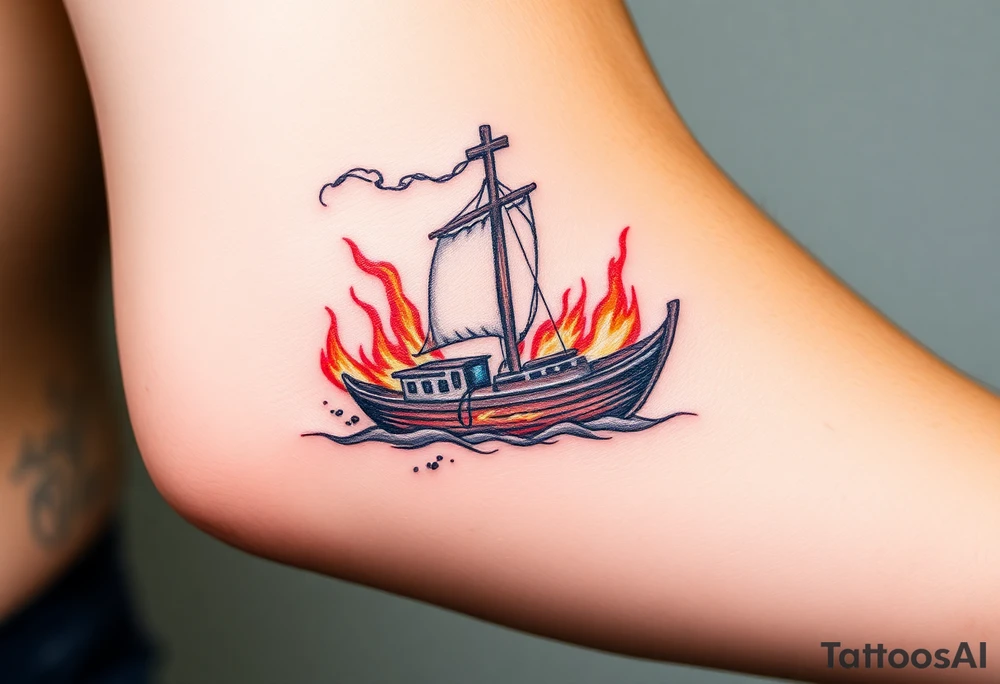 Boat on fire with cross as mast. Watercolour tattoo idea