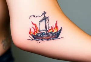 Boat on fire with cross as mast. Watercolour tattoo idea