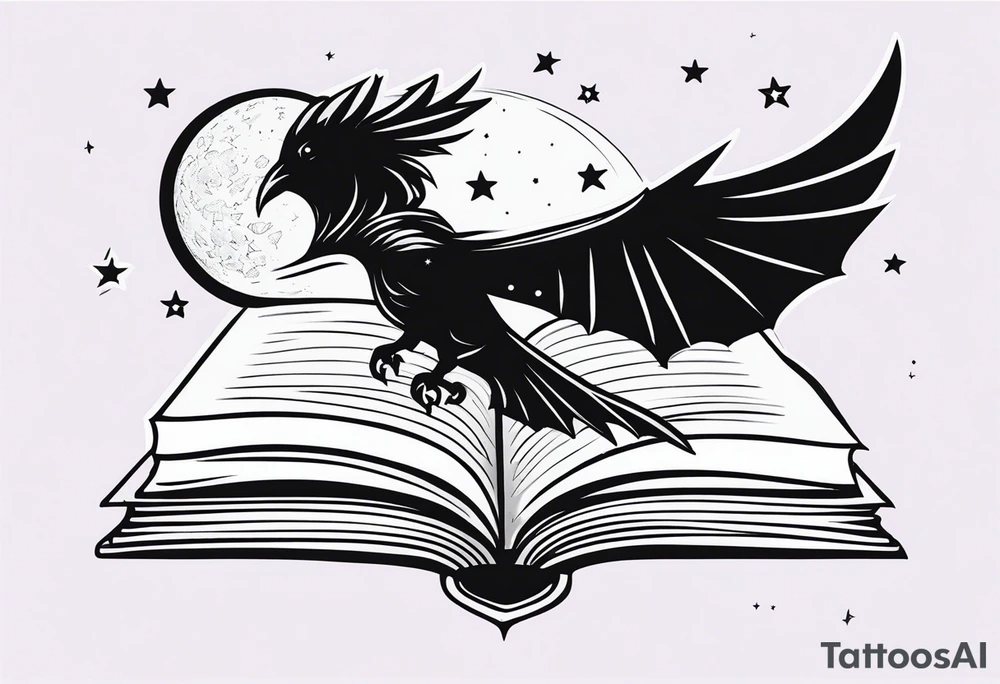 an open fantasy book. a high flying dragon. A pawn piece. a cluster of lavender with a bee under book. A raven. Stars and moon tattoo idea