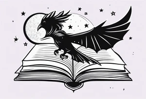 an open fantasy book. a high flying dragon. A pawn piece. a cluster of lavender with a bee under book. A raven. Stars and moon tattoo idea